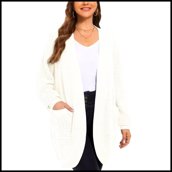 Plus Size Long Cardigan Open Front Sweater Waffle Ribbed Sleeve Pockets